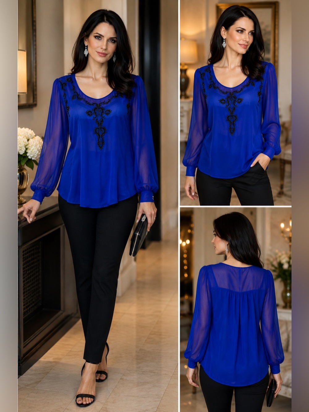 Karen Kane Royal Blue Sheer Embellished Blouse XL Black Beaded Long Sleeve NWOT